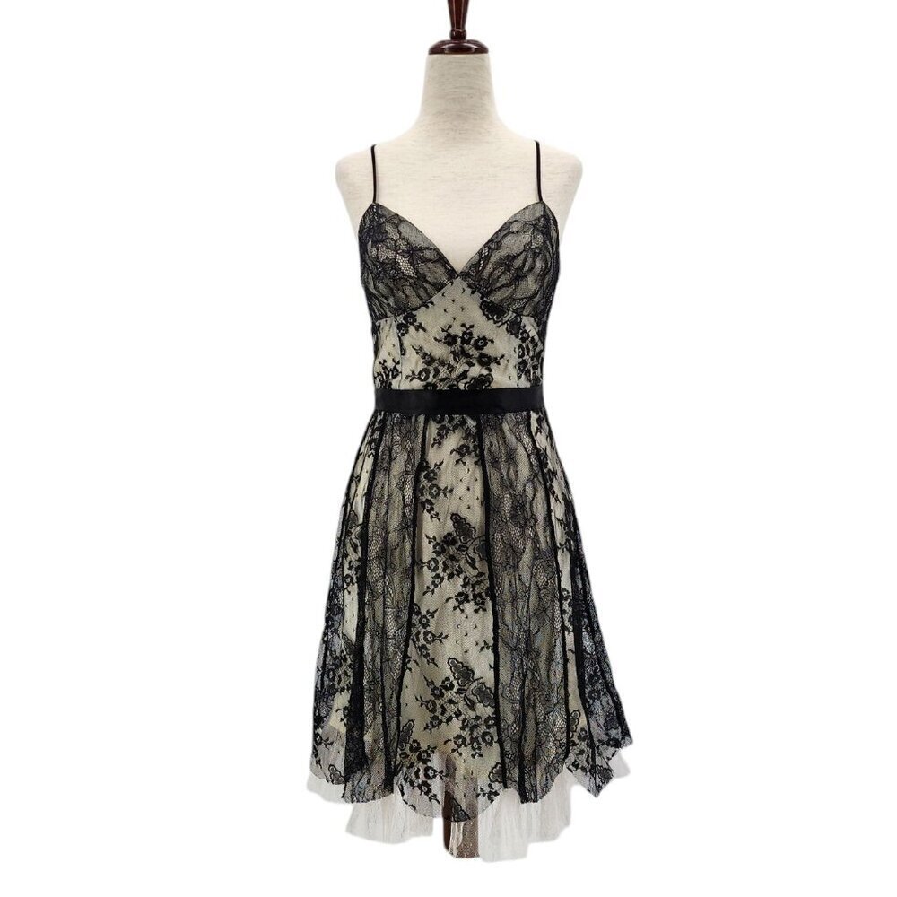 Vintage ABS by Allen Schwartz Sleeveless Lace Floral Black White Dress Sz 4